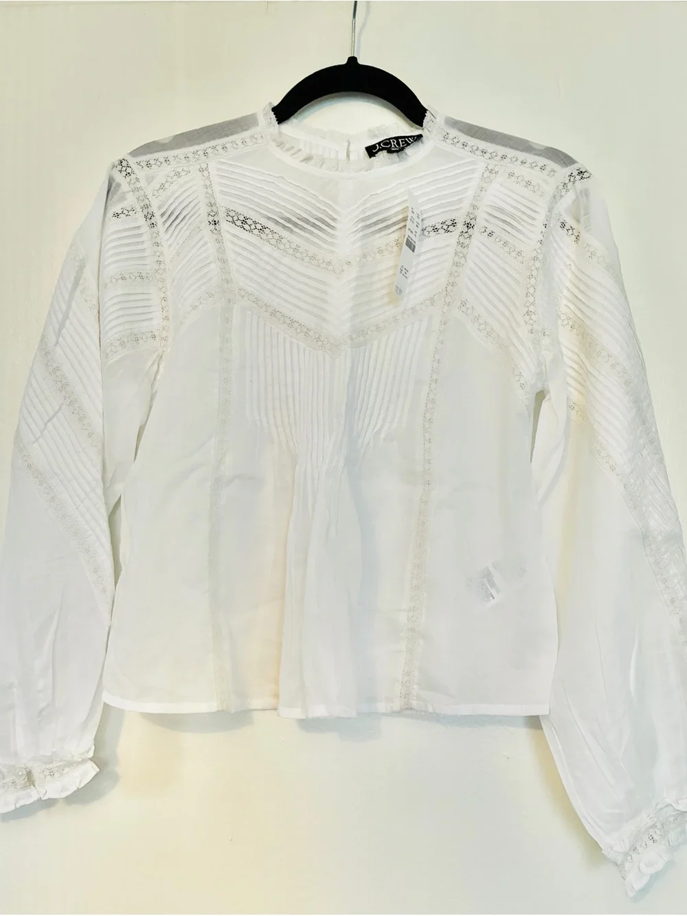 J.Crew White.Women’s Lace-trim pintuck top in 100% organic cotton voile.XS.NWT.